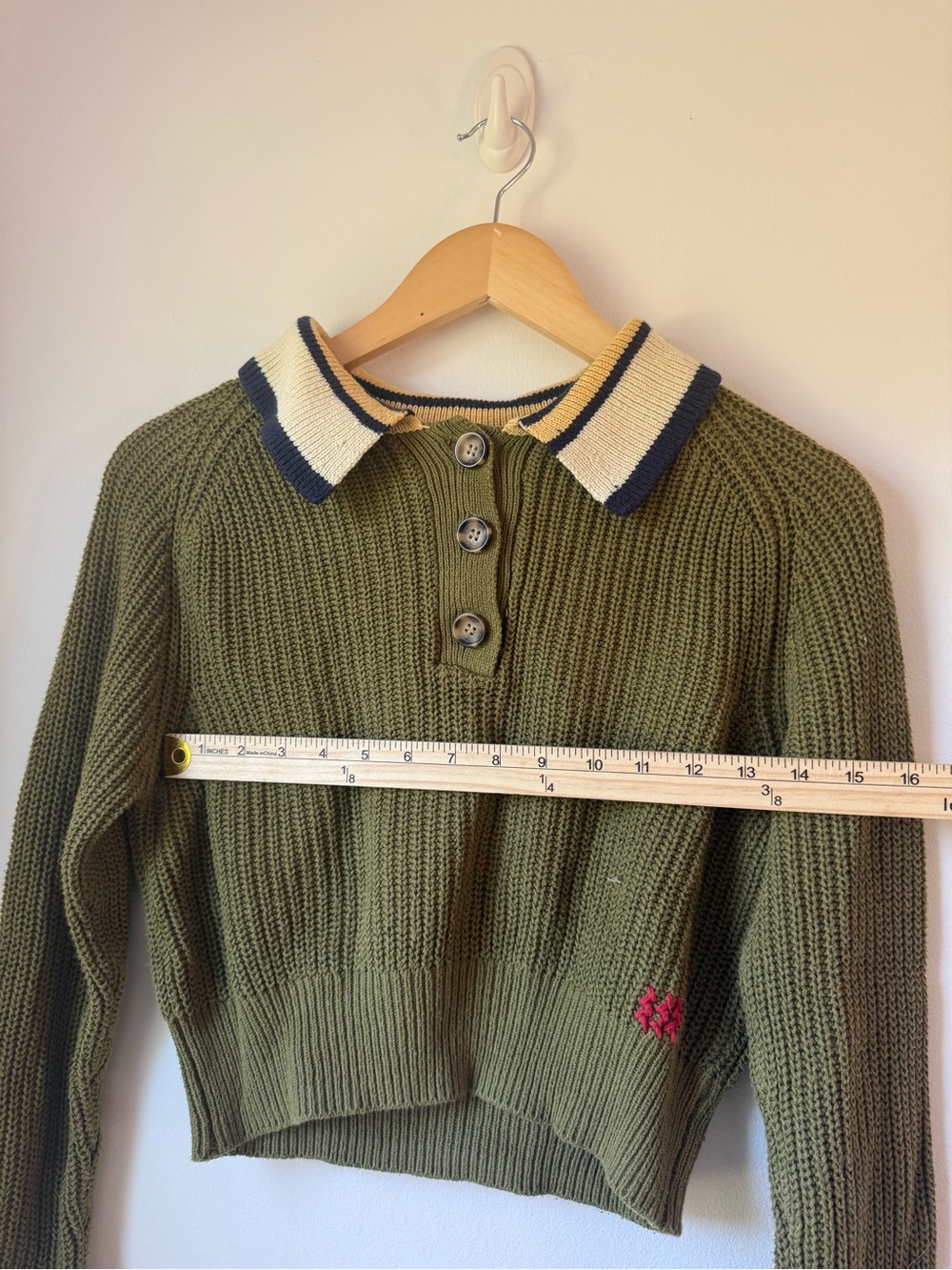 BDG Olive Green Knit Polo Cardigan with Cream & Navy Trim - Picture 3 of 5